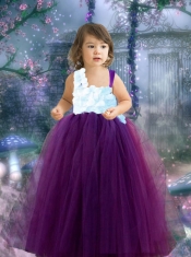 Ball Gown Tulle Floor-length Dark Purple Little Girl Dress with Appliques