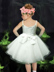 Beautiful A-Line Straps Tea-length White Flower Girl Dress with Bowknot