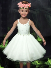 Beautiful A-Line Straps Tea-length White Flower Girl Dress with Bowknot