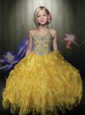 Beautiful Apple Green Halter Little Gril Pageant Dress with Beading