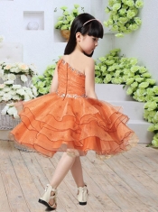 Beautiful Asymmetrical Knee-length Ruffled Layers Orange Little Girl Dress with Beading