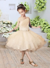 Beautiful Asymmetrical Knee-length Ruffled Layers Orange Little Girl Dress with Beading