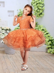 Beautiful Asymmetrical Knee-length Ruffled Layers Orange Little Girl Dress with Beading