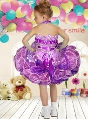 Beautiful Ball Gown Halter Mini-length Beading and Ribbons Lilac Little Girl Dress