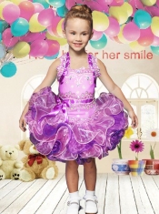 Beautiful Ball Gown Halter Mini-length Beading and Ribbons Lilac Little Girl Dress