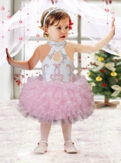 Beautiful Ball Gown Halter Tea-length Beading Ruffles Pink Little Girl Dress