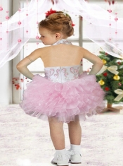 Beautiful Ball Gown Halter Tea-length Beading Ruffles Pink Little Girl Dress