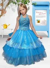 Beautiful Ball Gown Halter Teal Little Gril Pageant Dress with Appliques