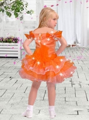 Beautiful Ball Gown Off the Shoulder Mini-length Beading Bowknot Orange Little Girl Dress