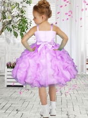 Beautiful Ball Gown Straps Hand Made Flowers Lliac Little Girl Dress with Tea-length