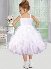 Beautiful Ball Gown Straps Hand Made Flowers Lliac Little Girl Dress with Tea-length