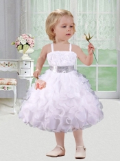 Beautiful Ball Gown Straps Hand Made Flowers Lliac Little Girl Dress with Tea-length