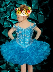 Beautiful Blue Off the Shoulder Beading and Ruffles Little Girl Dress for 2014