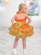 Beautiful Halter Mini-length Beading Hand Made Flowers Orange Little Girl Dress