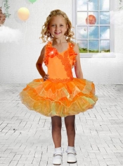 Beautiful Halter Mini-length Beading Hand Made Flowers Orange Little Girl Dress