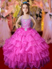 Beautiful Hot Pink Halter Beading 2014 Little Gril Pageant Dress