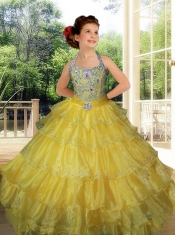 Beautiful Hot Pink Halter Beading 2014 Little Gril Pageant Dress