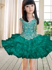 Beautiful Off the Shoulder Beading and Ruffles Turquoise Little Girl Dress for 2014