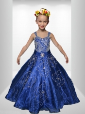 Beautiful Royal Blue Beading Little Gril Pageant Dress with Straps