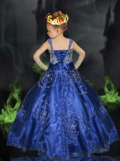 Beautiful Royal Blue Beading Little Gril Pageant Dress with Straps