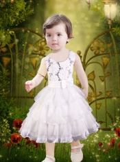 Bowknot and Ruffled Layers Tea-length Flower Girl Dress with Zipper-up