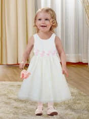 Comfortable Hand Made Flowers Scoop A-Line 2014 Flower Girl Dress with Tea-length
