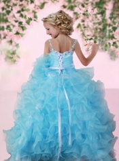 Custom Made Aqua Blue Straps Little Girl Pageant Dresses With Beading