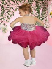 Cute Ball Gown Halter Knee-length Beading Ruffles White and Hot Pink Little Girl Dress