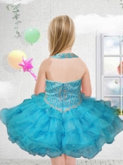 Cute Ball Gown Halter Mini-length Beading Blue Little Girl Dress