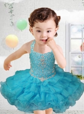 Cute Ball Gown Halter Mini-length Beading Blue Little Girl Dress
