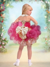 Cute Ball Gown Halter Mini-length Lace Beading Hot Pink Little Girl Dress