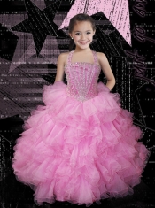 Cute Ball Gown Halter Pink Little Girl Pageant Dress with Beading