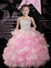 Cute Ball Gown Halter Pink Little Girl Pageant Dress with Beading