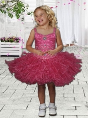 Cute Ball Gown Straps Mini-length Beading Fuchsia Little Girl Dress