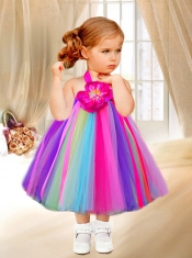 Cute Multi-color Sleeveless Halter Top Tea-length Little Girl Dresses