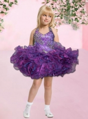 Cute Royal Blue Beading and Ruffles Mini-length Little Girl Dress with Halter