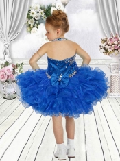 Cute Royal Blue Beading and Ruffles Mini-length Little Girl Dress with Halter