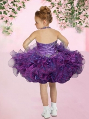 Cute Royal Blue Beading and Ruffles Mini-length Little Girl Dress with Halter