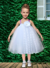Cute Straps Tulle Tea-length 2014 Little Girl Dress in White