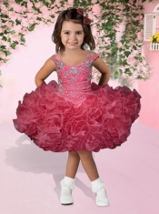 Cute Watermelon Ball Gown Spaghetti Straps Beading and Ruffles Little Girl Dress with Knee-length