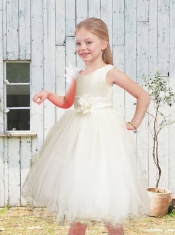 Discount Hand Made Flowers and Ruffles A-Line Tea-length Flower Girl Dress with Scoop