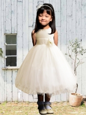 Discount Hand Made Flowers and Ruffles A-Line Tea-length Flower Girl Dress with Scoop