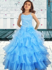 Elegant A-ine Straps Aqua Blue Little Gril Pageant Dress with Beaded Decorate Bodice