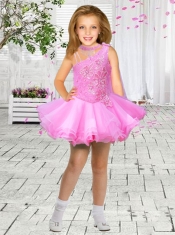 Elegant A-Line Asymmetrical Mini-length Appliques Light Blue Little Girl Dress