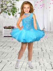 Elegant A-Line Asymmetrical Mini-length Appliques Light Blue Little Girl Dress
