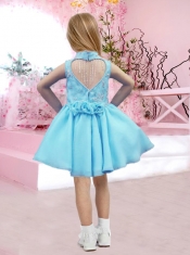 Elegant A-Line Halter Mini-length Appliques Light Blue Little Girl Dress