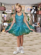 Elegant A-Line Halter Mini-length Beading Little Girl Dress in Teal