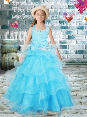 Elegant A-line Halter Ruffled Layers Beading Little Girl Pageant Dresses in Aqua Blue