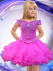 Elegant A-Line Off the Shoulder Mini-length Beading Hot Pink Little Girl Dress