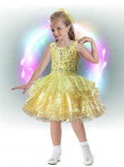 Elegant A-Line Scoop Knee-length Beading Ruffled Layers Yellow Flower Girl Dress